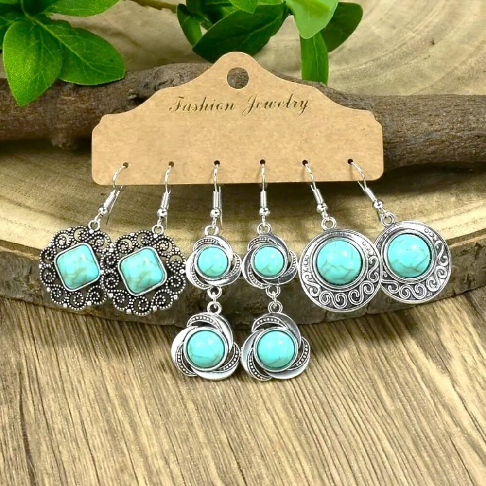 Earrings Turquoise Dangle 3pr Silver Boho Native Southwest Stylish Trendy Glam
